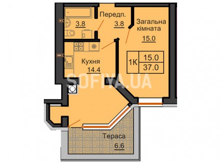 Однокомнатная квартира 37 м/кв - ЖК София