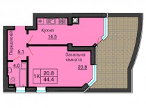 Однокомнатная квартира 44,4 м/кв - ЖК София