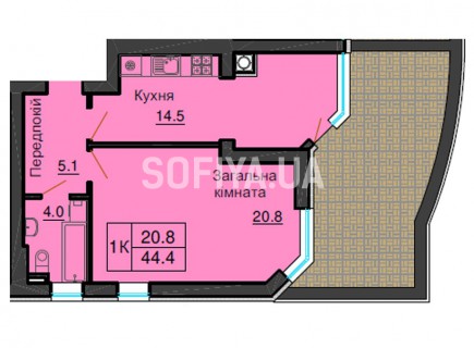 Однокомнатная квартира 44,4 м/кв - ЖК София