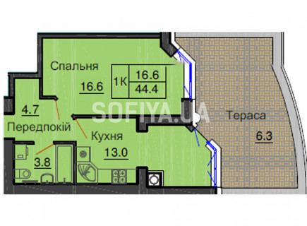 Однокімнатна квартира 44,4 м/кв - ЖК София