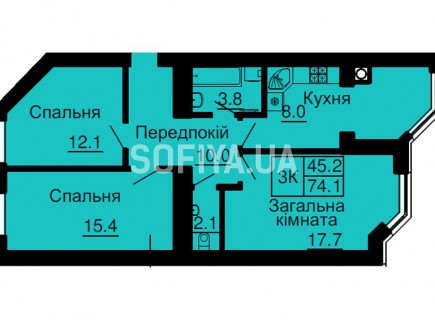 Трехкомнатная квартира 74,1 м/кв - ЖК София