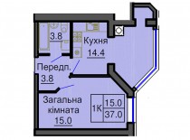 Однокомнатная квартира 37 м/кв - ЖК София