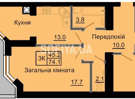 Трехкомнатная квартира 74,1 м/кв - ЖК София