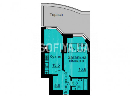 Однокомнатная квартира 39,5 м/кв - ЖК София