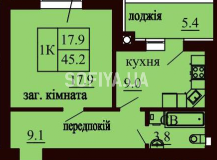 Однокомнатная квартира 45.2 м/кв - ЖК София