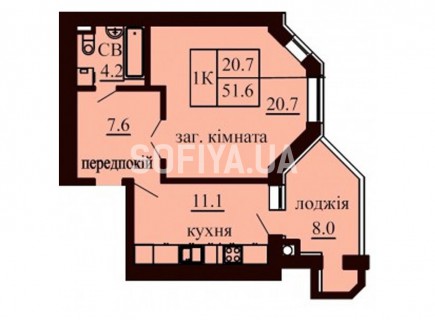 Однокомнатная квартира 51,6 м/кв - ЖК София