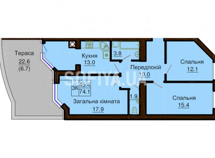 3-х комнатная квартира 74.1 м/кв - ЖК София