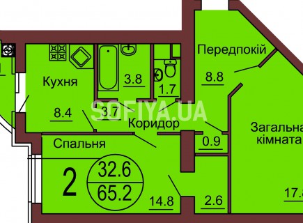 2-х комнатная квартира 65.2 м/кв - ЖК София