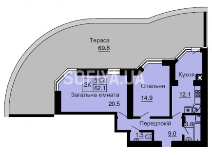 Двухкомнатная квартира 62,1 м/кв - ЖК София