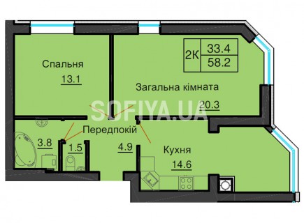 Двухкомнатная квартира 58,2 м/кв - ЖК София