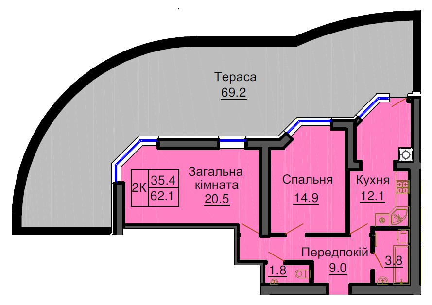 двухкомнатная с террасой