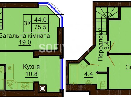 Двухуровневая квартира 75.5 м/кв - ЖК София