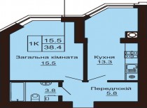 Однокомнатная квартира 38.4 м/кв - ЖК София