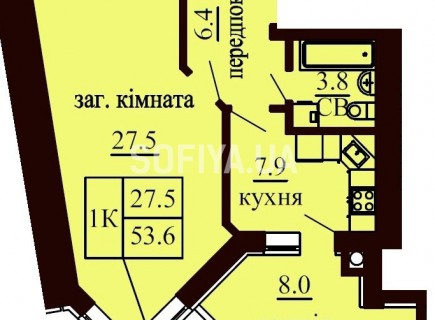 Однокомнатная квартира 53.6 м/кв - ЖК София