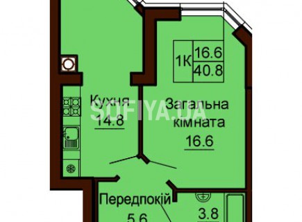 Однокомнатная квартира 40.8 м/кв - ЖК София