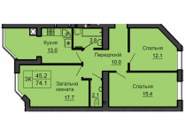 Трикімнатна квартира 74,1 кв.м - ЖК София
