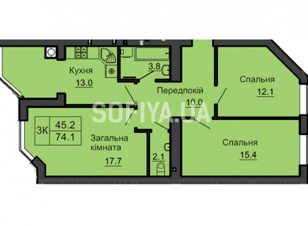 Трехкомнатная квартира 74,1 м/кв - ЖК София