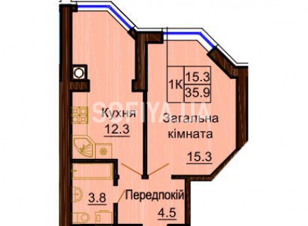 Однокомнатная квартира 35.9 м/кв - ЖК София