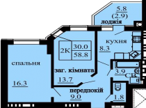 2-х комнатная квартира 58.8 м/кв - ЖК София