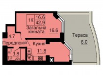 Однокомнатная квартира 42,9 м/кв - ЖК София