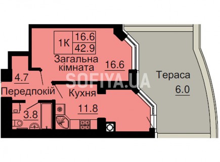 Однокомнатная квартира 42,9 м/кв - ЖК София