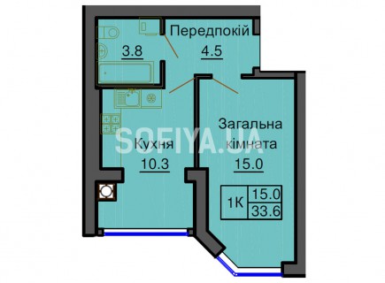 Однокомнатная квартира 33,6 м/кв - ЖК София