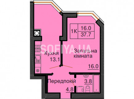 Однокомнатная квартира 37,7 м/кв - ЖК София