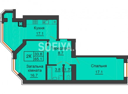 Двухкомнатная квартира 65,1 м/кв - ЖК София