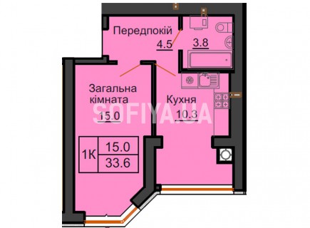 Однокомнатная квартира 33,6 м/кв - ЖК София