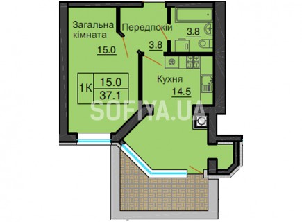 Однокомнатная квартира 37,1 м/кв - ЖК София