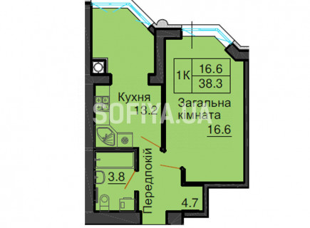 Однокомнатная квартира 38,3 м/кв - ЖК София