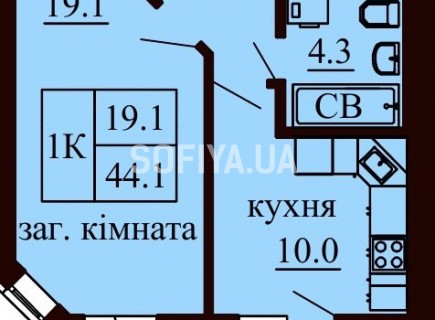 Однокомнатная квартира 44.1 м/кв - ЖК София