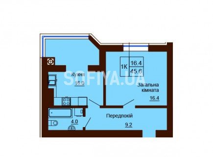 Однокомнатная квартира 45.6 м/кв - ЖК София