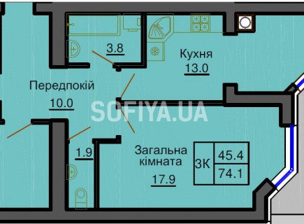 Трехкомнатная квартира 74,1 м/кв - ЖК София