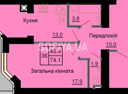 Трехкомнатная квартира 74,1 м/кв - ЖК София