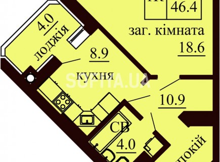 Однокомнатная квартира 46.4 м/кв - ЖК София