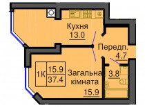 Однокомнатная квартира 37,4 м/кв - ЖК София