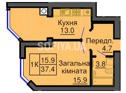 Однокомнатная квартира 37,4 м/кв - ЖК София